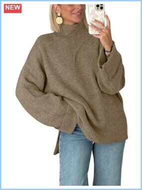Oversized Ribbed Knit Turtleneck Sweater Pullover Long Sleeve
